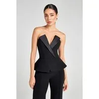 Black Two Piece Satin Lapel Strapless Women's Tuxedo - US 12 Black Black Two Piece Satin Lapel Strapless Women's Tuxedo - US 12 Black