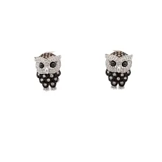 Black White Owl Silver Earrings