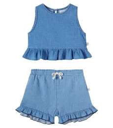 Blair ruffled cotton chambray top and shorts set Blair ruffled cotton chambray top and shorts set