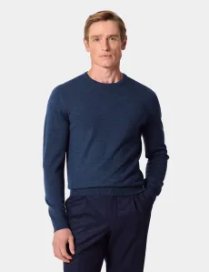 Blue Crew Neck Sweater Machine Washable Merino Wool Plain Men's Blue Crew Neck Sweater Machine Washable Merino Wool Plain Men's