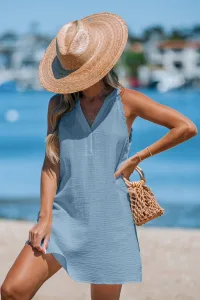 Blue Notched Neck Cover-Up Mini Dress Blue Notched Neck Cover-Up Mini Dress
