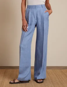 Blue Pleated Wide Leg Linen Pants Plain Women's Blue Pleated Wide Leg Linen Pants Plain Women's
