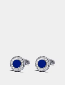 Blue Silver Textured Round Cufflinks Rhodium Plain Men's Blue Silver Textured Round Cufflinks Rhodium Plain Men's