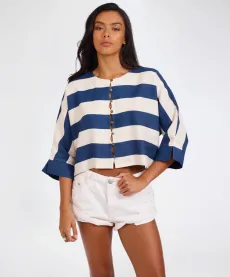 Blue Vista Linen Cropped Batwing Top - Blue Cream, SML Blue Vista Linen Cropped Batwing Top - Blue Cream, SML