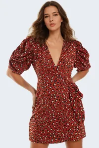 Brown Animal Print Ruched Sleeve Wrap Mini Dress Brown Animal Print Ruched Sleeve Wrap Mini Dress