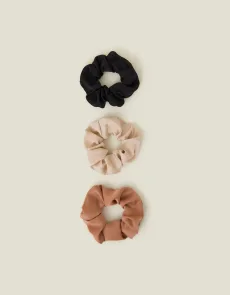 Brown, Black and Beige Satin Scrunchie Set, Size 11cm, Women's Brown, Black and Beige Satin Scrunchie Set, Size 11cm, Women's