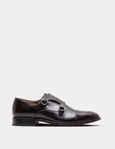 Brown Double Monk Strap Shoe Polido Calf Leather Plain Men's