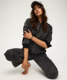 Callie Aviator Longsleeve Studded Denim Jumpsuit - Washed Black Size XS Callie Aviator Longsleeve Studded Denim Jumpsuit - Washed Black Size XS