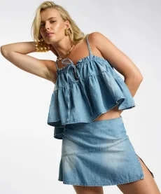 Cascade Ruffle Cami Denim Top - Chambray Blue Size MED Cascade Ruffle Cami Denim Top - Chambray Blue Size MED