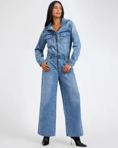 Charli Wide Leg Aviator Denim Jumpsuit - Pretty Blue, SML Charli Wide Leg Aviator Denim Jumpsuit - Pretty Blue, SML