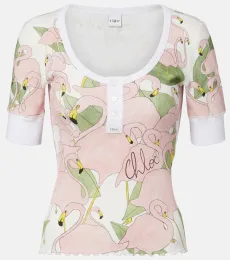 Chloà Printed cotton-blend Henley shirt Chloà Printed cotton-blend Henley shirt