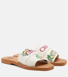 Chloà Woody embroidered linen slides Chloà Woody embroidered linen slides