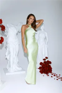 Clover Fields Satin Halter Maxi Dress Lime Clover Fields Satin Halter Maxi Dress Lime