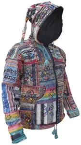 Cotton Fleece Lined Patchwork Elf Pixie Nepalese Festival Hood Jacket Medium Cotton Fleece Lined Patchwork Elf Pixie Nepalese Festival Hood Jacket Medium