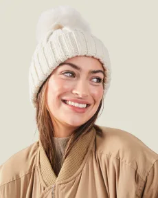Cream Classic Knitted Acrylic Faux Fur Pom-pom Beanie Hat, Size 7x21cm, Women's Cream Classic Knitted Acrylic Faux Fur Pom-pom Beanie Hat, Size 7x21cm, Women's