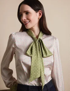 Cream Green Geometric Pussybow Blouse CreamGreen Polyester Women's Cream Green Geometric Pussybow Blouse CreamGreen Polyester Women's