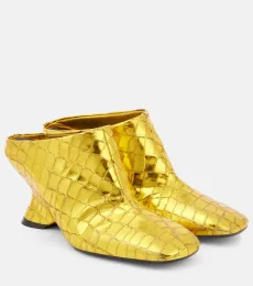 Croc-effect leather wedge mules