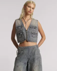 Cropped Denim Utility Vest - Island Blue, MED Cropped Denim Utility Vest - Island Blue, MED