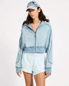 Cropped Fleece Zip Hoody - Washed Blue, SML Cropped Fleece Zip Hoody - Washed Blue, SML