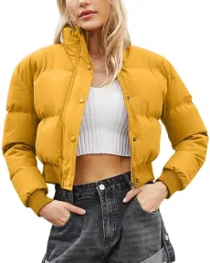 Cropped Puffer Jacket Women' s Long Sleeve Coats Padded Jacket Winter Puffer Jacket Short Jacket Warm Outerwear Waterproof Thermal Quilted Jacket
