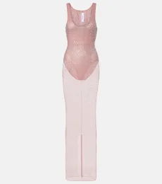 Crystal-embellished mesh maxi dress