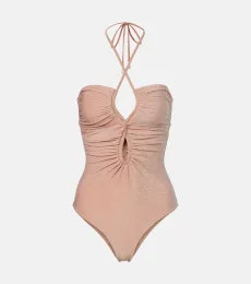 Cutout ruched halterneck lamé swimsuit Cutout ruched halterneck lamé swimsuit