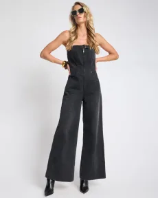 Dark Angel Strapless Wide Leg Denim Jumpsuit - Smokey Black Size LRG Dark Angel Strapless Wide Leg Denim Jumpsuit - Smokey Black Size LRG