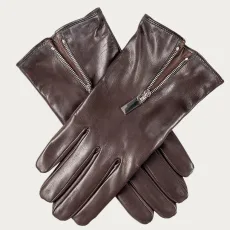 Dark Brown and Hazelnut Leather Gloves with Zip Detail - Cashmere Lined Dark Brown and Hazelnut Leather Gloves with Zip Detail - Cashmere Lined