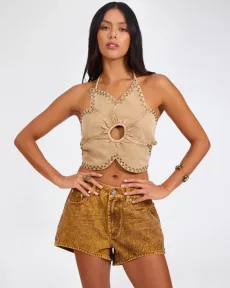 Denim Flower Studded Backless Crop Top - Warm Tan, XSS Denim Flower Studded Backless Crop Top - Warm Tan, XSS