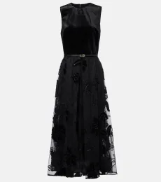 Embroidered tulle and velvet midi dress Embroidered tulle and velvet midi dress