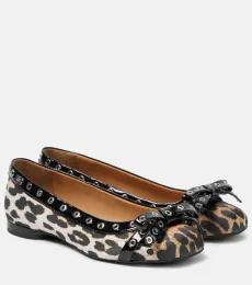 Eyelet Bow leopard-print satin ballet flats