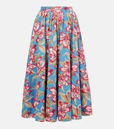 Falda midi de algodón fruncida floral Falda midi de algodón fruncida floral