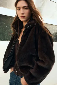 Faux Fur Jacket With High Neck - Brown Faux Fur Jacket With High Neck - Brown