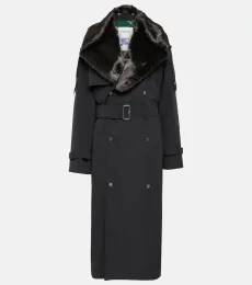 Faux fur-trimmed cotton-blend trench coat