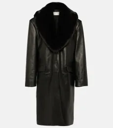 Faux fur-trimmed leather coat