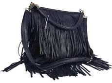 Faux Leather Tassel Shoulder Bag With Soft Fringes - Black - (DRV)(Style 3-1898-F1618-KL) Faux Leather Tassel Shoulder Bag With Soft Fringes - Black - (DRV)(Style 3-1898-F1618-KL)