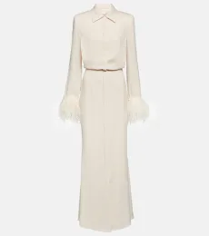 Feather-trimmed crêpe maxi shirt dress Feather-trimmed crêpe maxi shirt dress