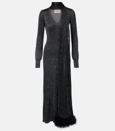 Feather-trimmed lamÃ maxi dress