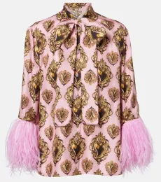 Feather-trimmed printed silk blouse Feather-trimmed printed silk blouse