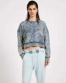 Fleece Cropped Star Studded Sweater - Acid Wash Blue, LRG Fleece Cropped Star Studded Sweater - Acid Wash Blue, LRG