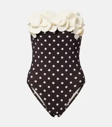 Floral applique polka-dot bandeau swimsuit