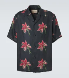 Floral lace-trimmed linen bowling shirt Floral lace-trimmed linen bowling shirt