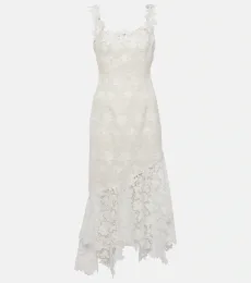 Floral lace-trimmed tweed midi dress