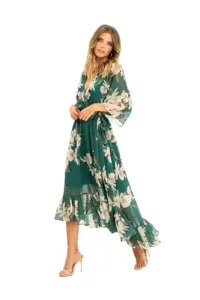 Floral Print Green Kimono Midi Wrap Dress 12 Green