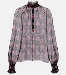 Floral ruffled sheer silk blouse