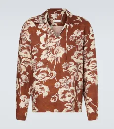 Floral tie-neck linen shirt