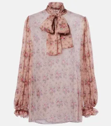 Floral tie-neck silk blouse