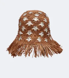 Fringed studded raffia bucket hat Fringed studded raffia bucket hat