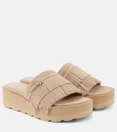 Fringed suede platform slides Fringed suede platform slides