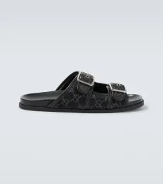 GG leather-trimmed canvas slides GG leather-trimmed canvas slides